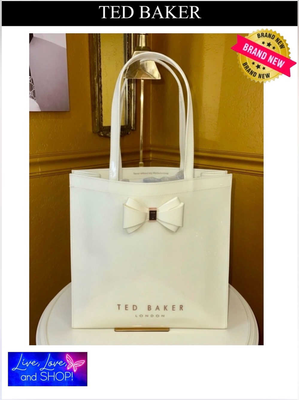TED BAKER Cream/Ivory Tote w/Bow and Gold Logo, NWOT